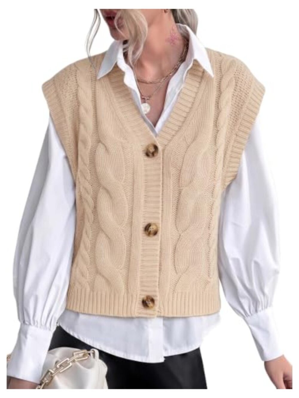 Sleeveless Button Down Cable Knit Sweater Vest V Neck Relaxed Fit